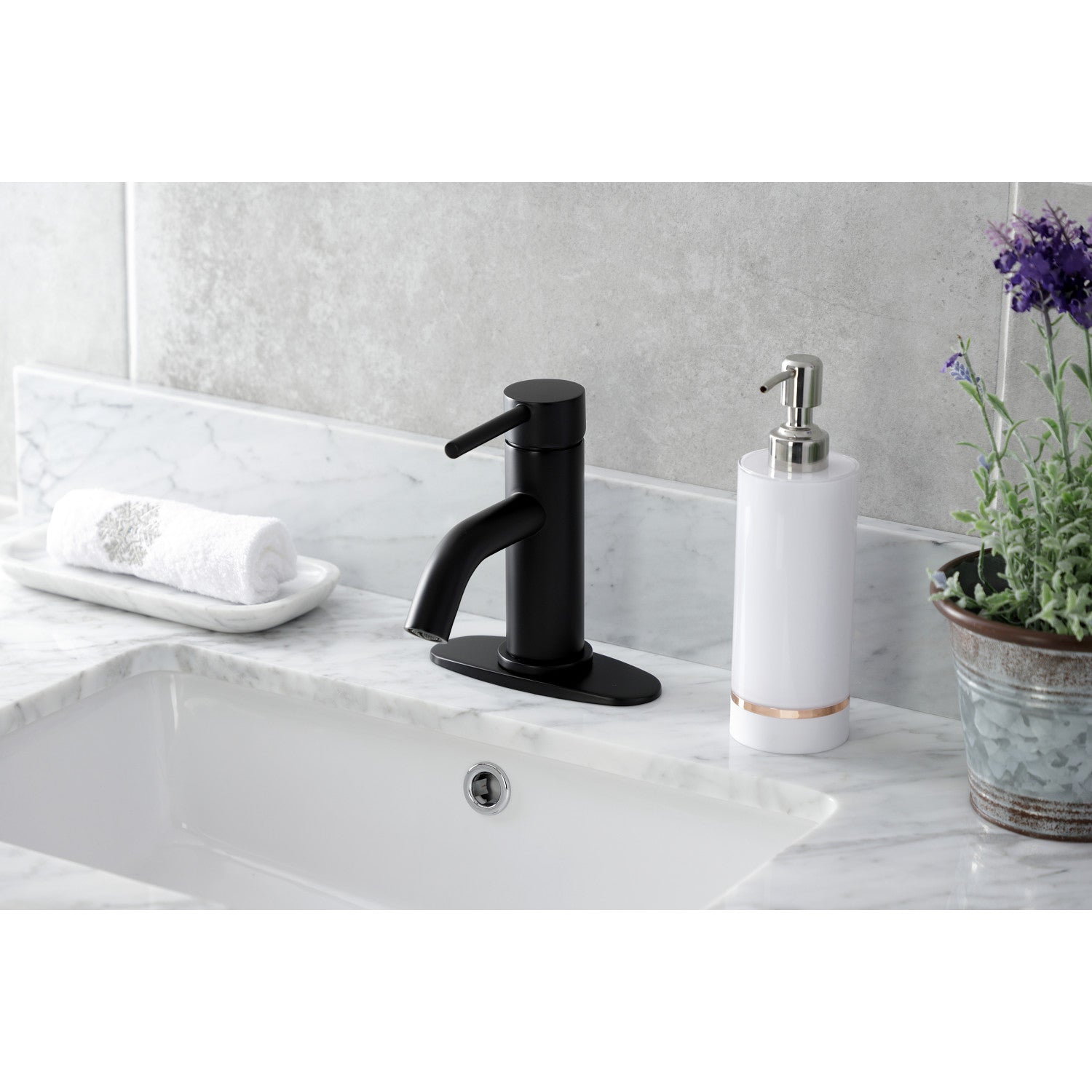Kingston Sona LSF8220DL - Concord One-Handle 1-Hole Bathroom Faucet with Deck Plate and Push Pop-Up Drain, Matte Black — thumbnail 2